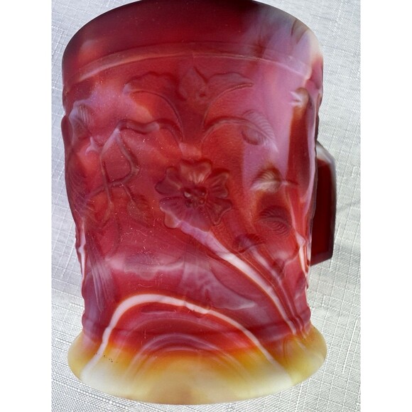 Imperial Glass End Of Day Slag Glass Mug Robins & Flowers Red Yellow White MINT - Picture 3 of 15